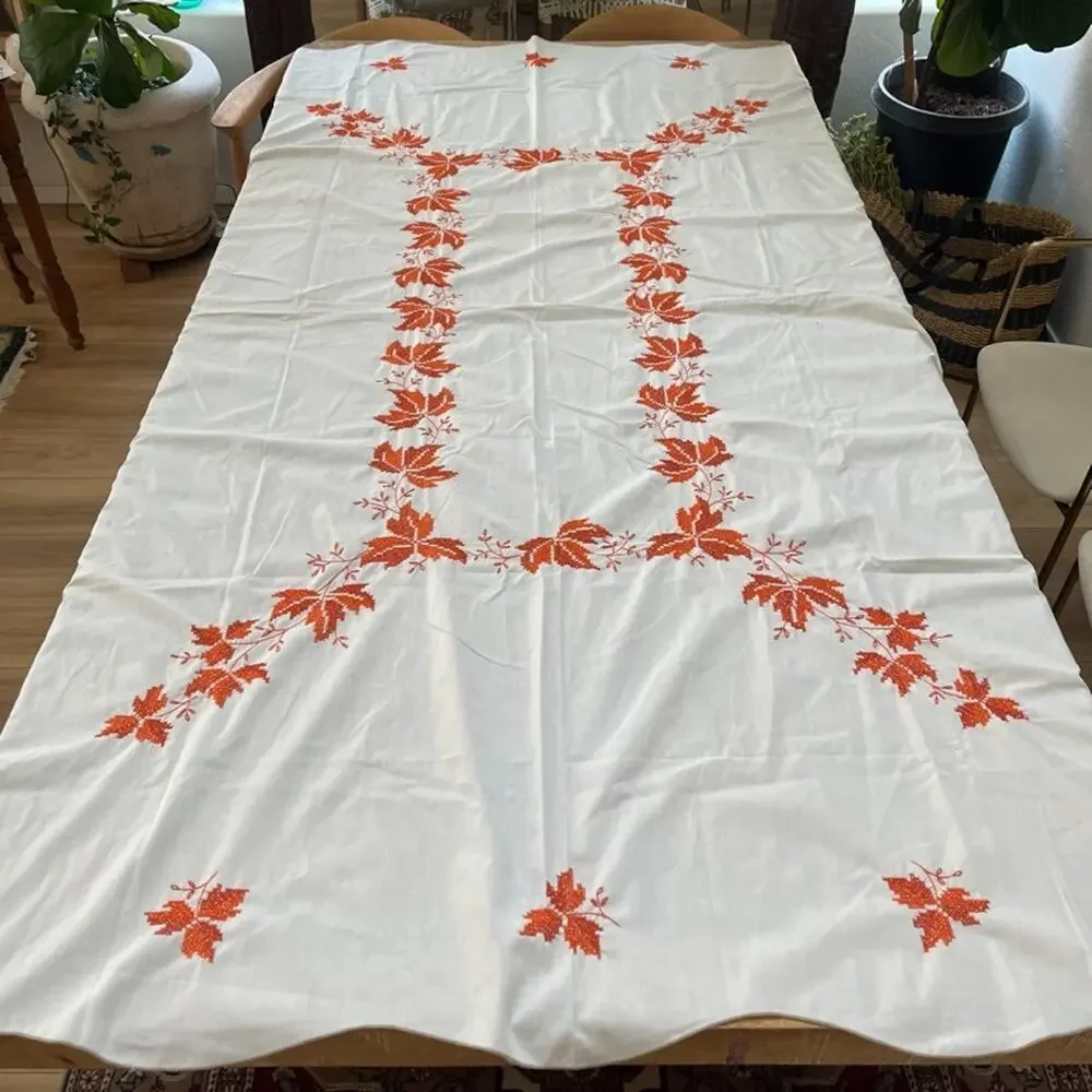 Vintage Tablecloth 57 in x 83 in Orange & Red Cross-Stitch Leaves Pattern